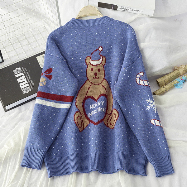 Női karácsonyi pulóver medvével, kerek nyakkivágással, kék és bordó színben