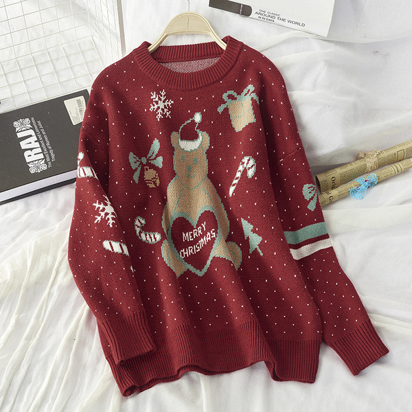 Női karácsonyi pulóver medvével, kerek nyakkivágással, kék és bordó színben