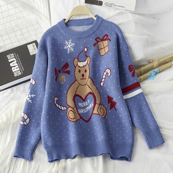 Női karácsonyi pulóver medvével, kerek nyakkivágással, kék és bordó színben