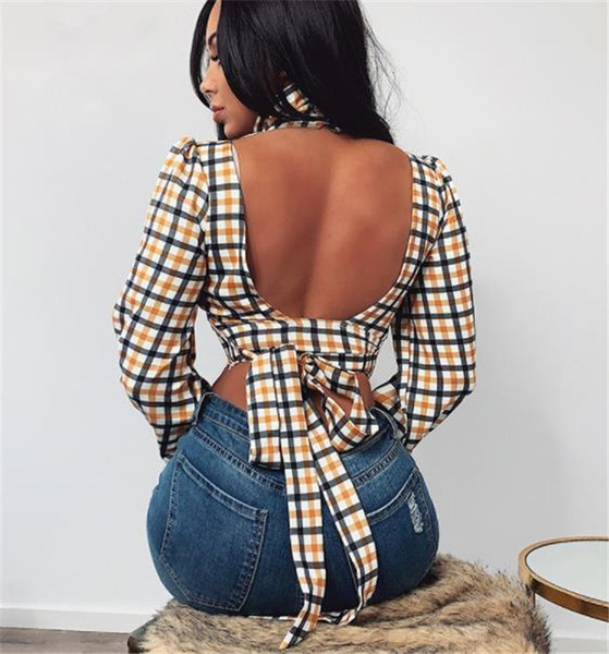 Κομψό γυναικείο καρό πουκάμισο με ψηλό κολάρο και μακρύ μανίκι