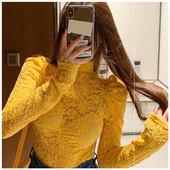 Γυναικεία μπλούζα δαντέλες και βολάν μανίκια σε κίτρινο, λευκό και μαύρο χρώμα