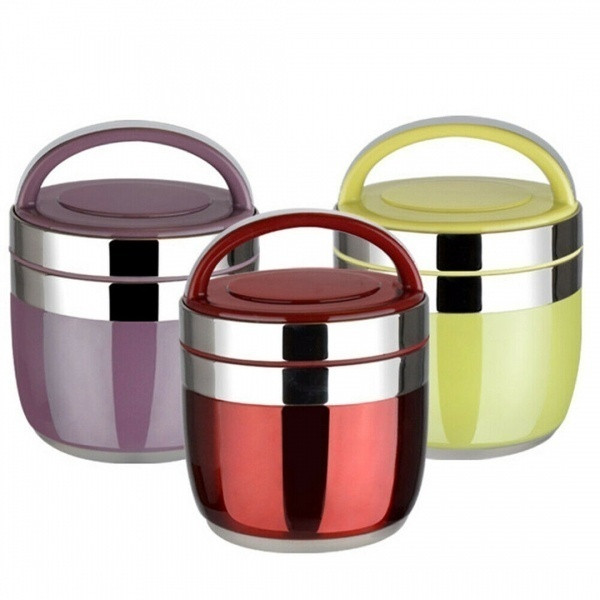 Cutie portabilă termoizolată pentru alimente cu o capacitate de 1,2 litri din oțel inoxidabil, cu capac și mâner în roșu, violet și verde
