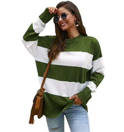 Μοντέρνα ριγέ μπλούζα με ωοειδές λαιμόκοψη σε κίτρινο, πράσινο και μπλε χρώμα