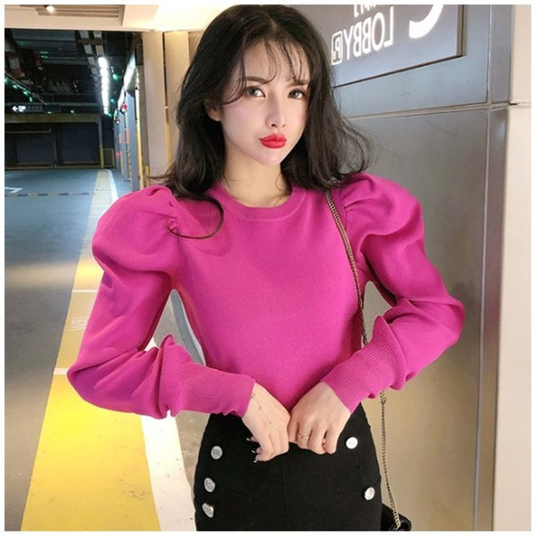 Női kötött pulóver ovális nyakkivágással és puffos ujjakkal bézs és rózsaszín színben