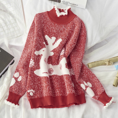 Γυναικείο χνουδωτό πουλόβερ με ελαφάκια και ψηλό κολάρο σε πράσινο, ροζ, κίτρινο, μπεζ και κόκκινο χρώμα