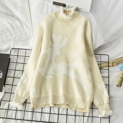 Γυναικείο χνουδωτό πουλόβερ με ελαφάκια και ψηλό κολάρο σε πράσινο, ροζ, κίτρινο, μπεζ και κόκκινο χρώμα