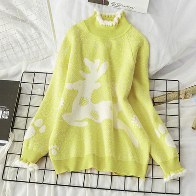 Γυναικείο χνουδωτό πουλόβερ με ελαφάκια και ψηλό κολάρο σε πράσινο, ροζ, κίτρινο, μπεζ και κόκκινο χρώμα