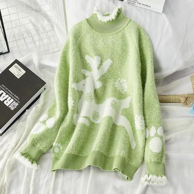 Γυναικείο χνουδωτό πουλόβερ με ελαφάκια και ψηλό κολάρο σε πράσινο, ροζ, κίτρινο, μπεζ και κόκκινο χρώμα