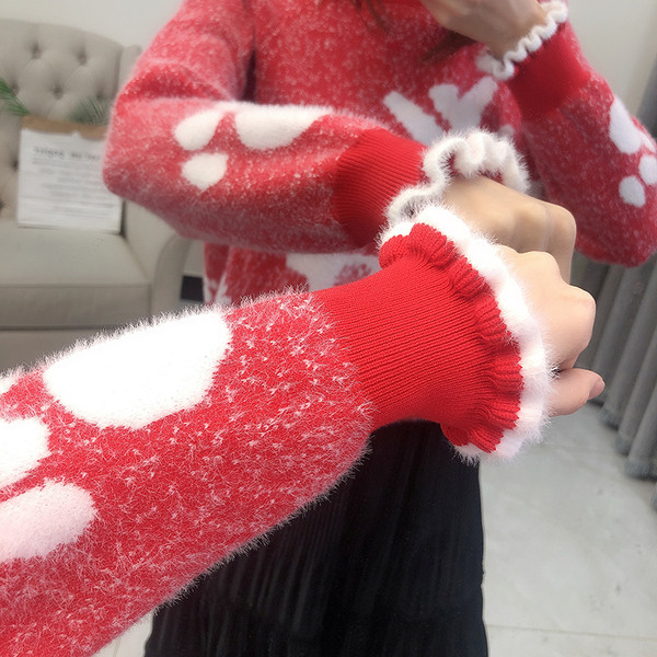 Γυναικείο χνουδωτό πουλόβερ με ελαφάκια και ψηλό κολάρο σε πράσινο, ροζ, κίτρινο, μπεζ και κόκκινο χρώμα