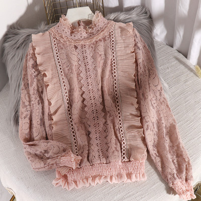 Μοντέρνο γυναικείο πουκάμισο από δαντέλα με μεγάλο κολάρο και μακριά μανίκια σε διάφορα χρώματα