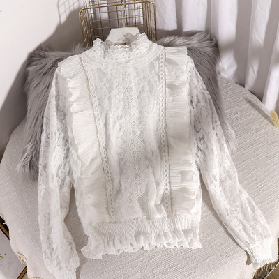 Μοντέρνο γυναικείο πουκάμισο από δαντέλα με μεγάλο κολάρο και μακριά μανίκια σε διάφορα χρώματα