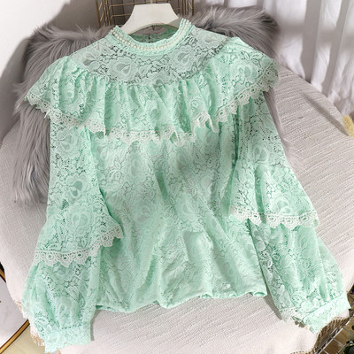 Νέο μοντέλο γυναικείο πυκάμισο  δαντέλας με διακόσμηση πέρλες  και μακρύ μανίκι σε πέντε χρώματα