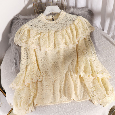 Νέο μοντέλο γυναικείο πυκάμισο  δαντέλας με διακόσμηση πέρλες  και μακρύ μανίκι σε πέντε χρώματα