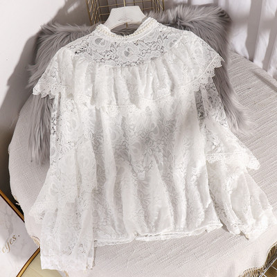 Νέο μοντέλο γυναικείο πυκάμισο  δαντέλας με διακόσμηση πέρλες  και μακρύ μανίκι σε πέντε χρώματα