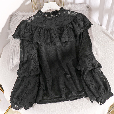 Νέο μοντέλο γυναικείο πυκάμισο  δαντέλας με διακόσμηση πέρλες  και μακρύ μανίκι σε πέντε χρώματα