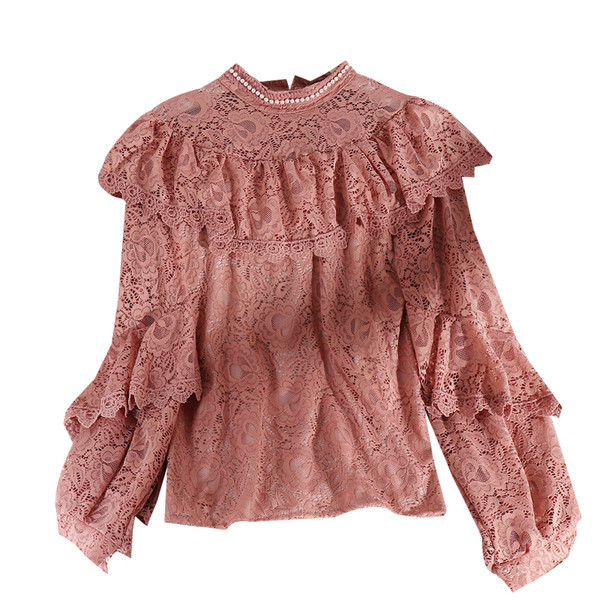 Νέο μοντέλο γυναικείο πυκάμισο  δαντέλας με διακόσμηση πέρλες  και μακρύ μανίκι σε πέντε χρώματα