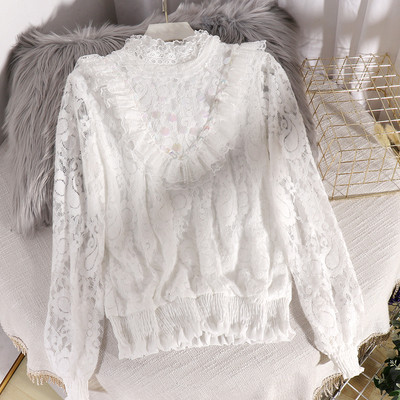 Μοντέρνο γυναικείο πουκάμισο με μεγάλο κολάρο και πούλιες σε μπεζ, ροζ, μαύρο και άσπρο χρώμα