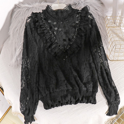 Μοντέρνο γυναικείο πουκάμισο με μεγάλο κολάρο και πούλιες σε μπεζ, ροζ, μαύρο και άσπρο χρώμα