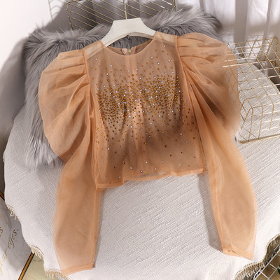 Μοντέρνα γυναικεία μπλούζα από τούλι με φερμουάρ και πέτρες σε κόκκινο, μπεζ, λευκό και μαύρο χρώμα