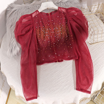 Μοντέρνα γυναικεία μπλούζα από τούλι με φερμουάρ και πέτρες σε κόκκινο, μπεζ, λευκό και μαύρο χρώμα