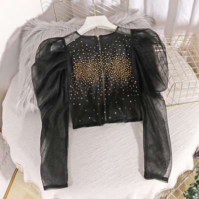 Μοντέρνα γυναικεία μπλούζα από τούλι με φερμουάρ και πέτρες σε κόκκινο, μπεζ, λευκό και μαύρο χρώμα