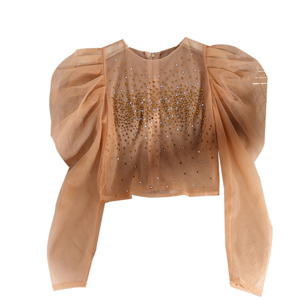 Μοντέρνα γυναικεία μπλούζα από τούλι με φερμουάρ και πέτρες σε κόκκινο, μπεζ, λευκό και μαύρο χρώμα