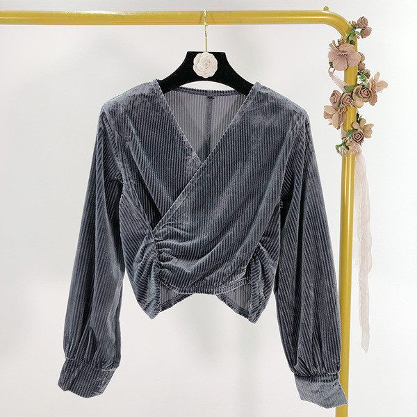 Rövid kordbársony blúz V-nyakkal és hosszú ujjú szürke és zöld színben