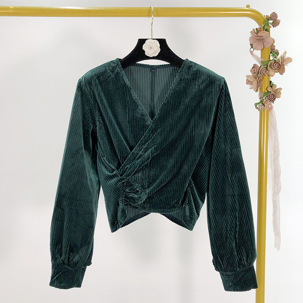 Rövid kordbársony blúz V-nyakkal és hosszú ujjú szürke és zöld színben