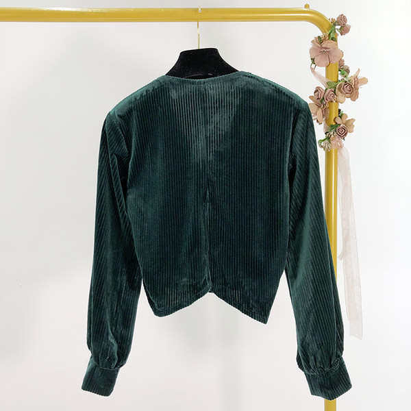 Rövid kordbársony blúz V-nyakkal és hosszú ujjú szürke és zöld színben