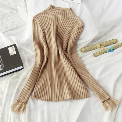 Μοντέρνο γυναικείο πουλόβερ με κολάρο  και μανίκι δαντέλας