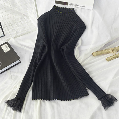 Μοντέρνο γυναικείο πουλόβερ με κολάρο  και μανίκι δαντέλας