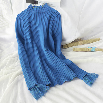 Μοντέρνο γυναικείο πουλόβερ με κολάρο  και μανίκι δαντέλας