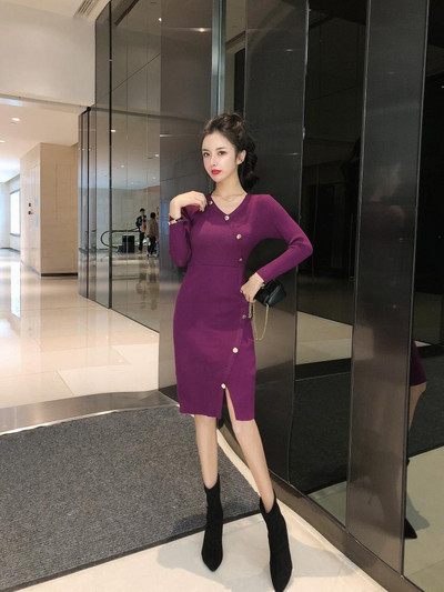 Γυναικείο φόρεμα Slim μοντέλο με λαιμόκοψη και κουμπιά σε μαύρο, μοβ και πράσινο χρώμα