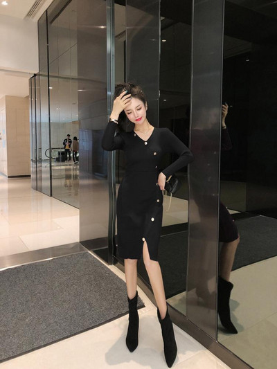 Γυναικείο φόρεμα Slim μοντέλο με λαιμόκοψη και κουμπιά σε μαύρο, μοβ και πράσινο χρώμα