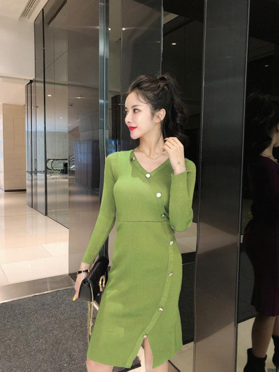 Γυναικείο φόρεμα Slim μοντέλο με λαιμόκοψη και κουμπιά σε μαύρο, μοβ και πράσινο χρώμα