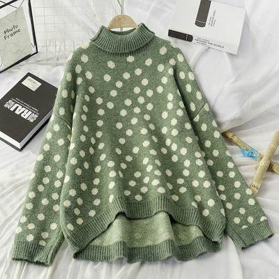 Női pöttyös pulóver magas zöld, szürke és barna színben