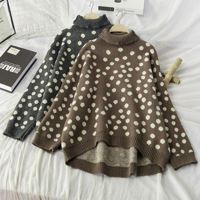 Női pöttyös pulóver magas zöld, szürke és barna színben