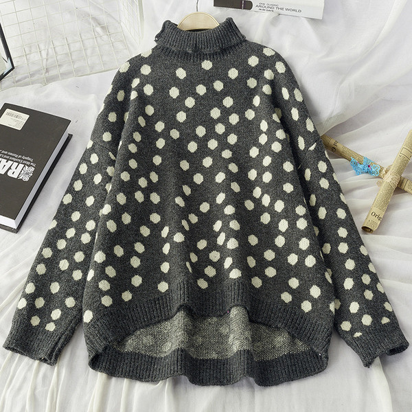 Női pöttyös pulóver magas zöld, szürke és barna színben