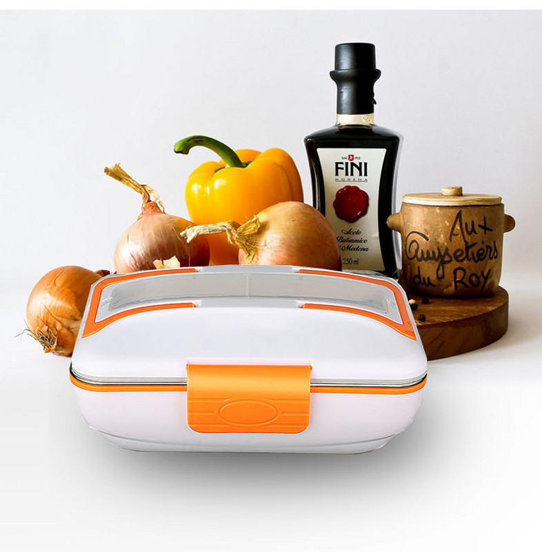 Електрическа нагряваща кутия за храна от неръждаема стомана с напрежение 12V-24V подходяща за автомобил в оранжев и розов цвят