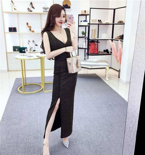 Stílusos női hosszú ruha hasított és spitz nyakkivágással, három színben