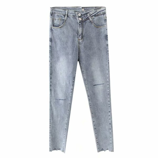 Μοντέρνα γυναικεία τζην  με ψηλή  μέση σε μπλε  χρώμα με σκισμένσ μοτίβα