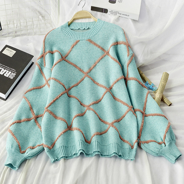 Női pulóver kerek nyakkivágással, kék színben