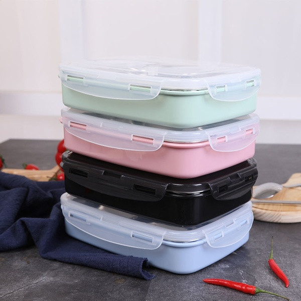 Τετράγωνο κουτί από ανοξείδωτο ατσάλι με καπάκι σε μαύρο, πράσινο, γκρι και ροζ χρώμα