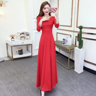 Rochie lungă de damă elegantă, cu mâneci lungi, în roșu și negru