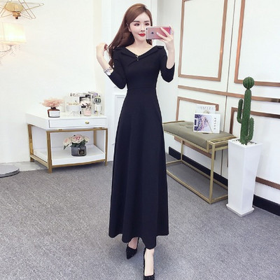 Rochie lungă de damă elegantă, cu mâneci lungi, în roșu și negru