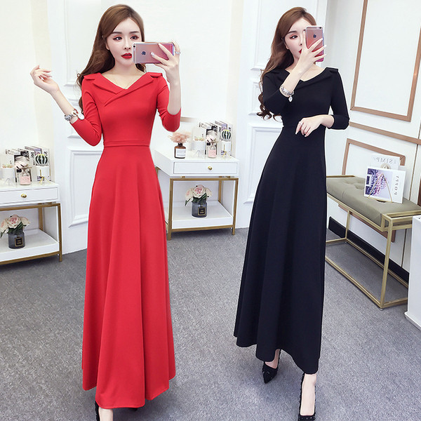 Rochie lungă de damă elegantă, cu mâneci lungi, în roșu și negru