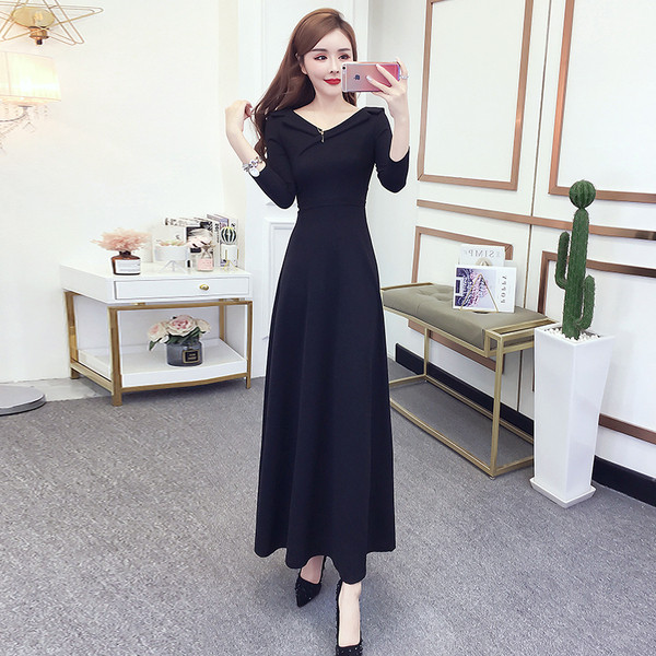 Rochie lungă de damă elegantă, cu mâneci lungi, în roșu și negru