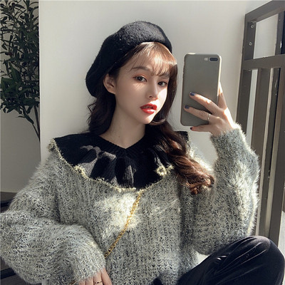 Női kötött pulóver V-nyakkal, fekete és rózsaszín színben