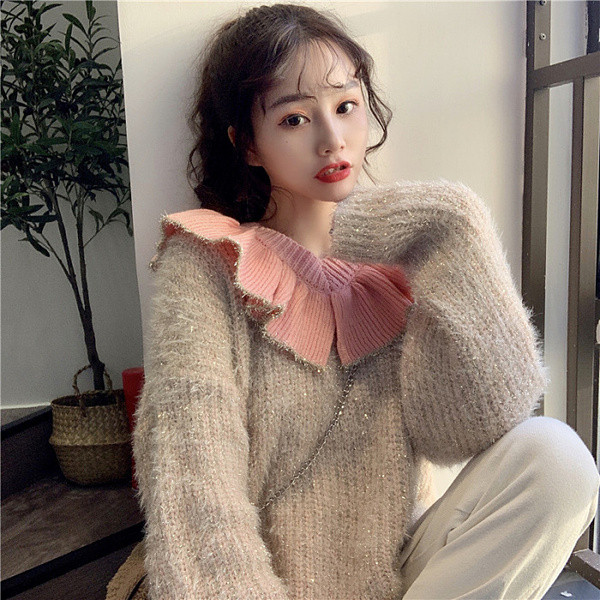 Női kötött pulóver V-nyakkal, fekete és rózsaszín színben