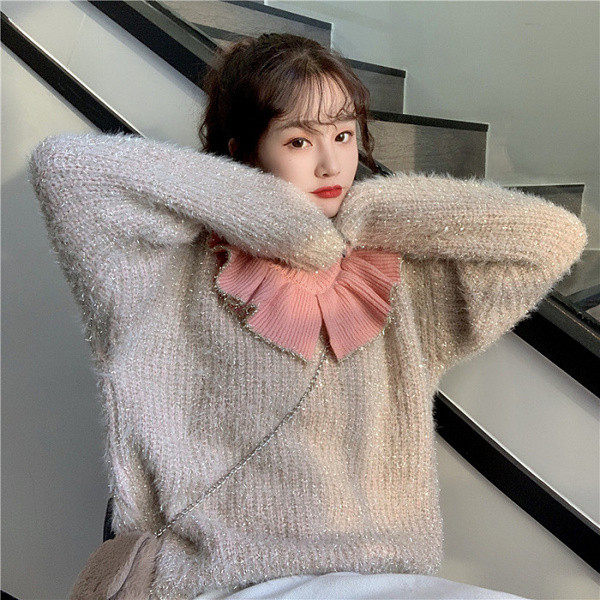 Női kötött pulóver V-nyakkal, fekete és rózsaszín színben